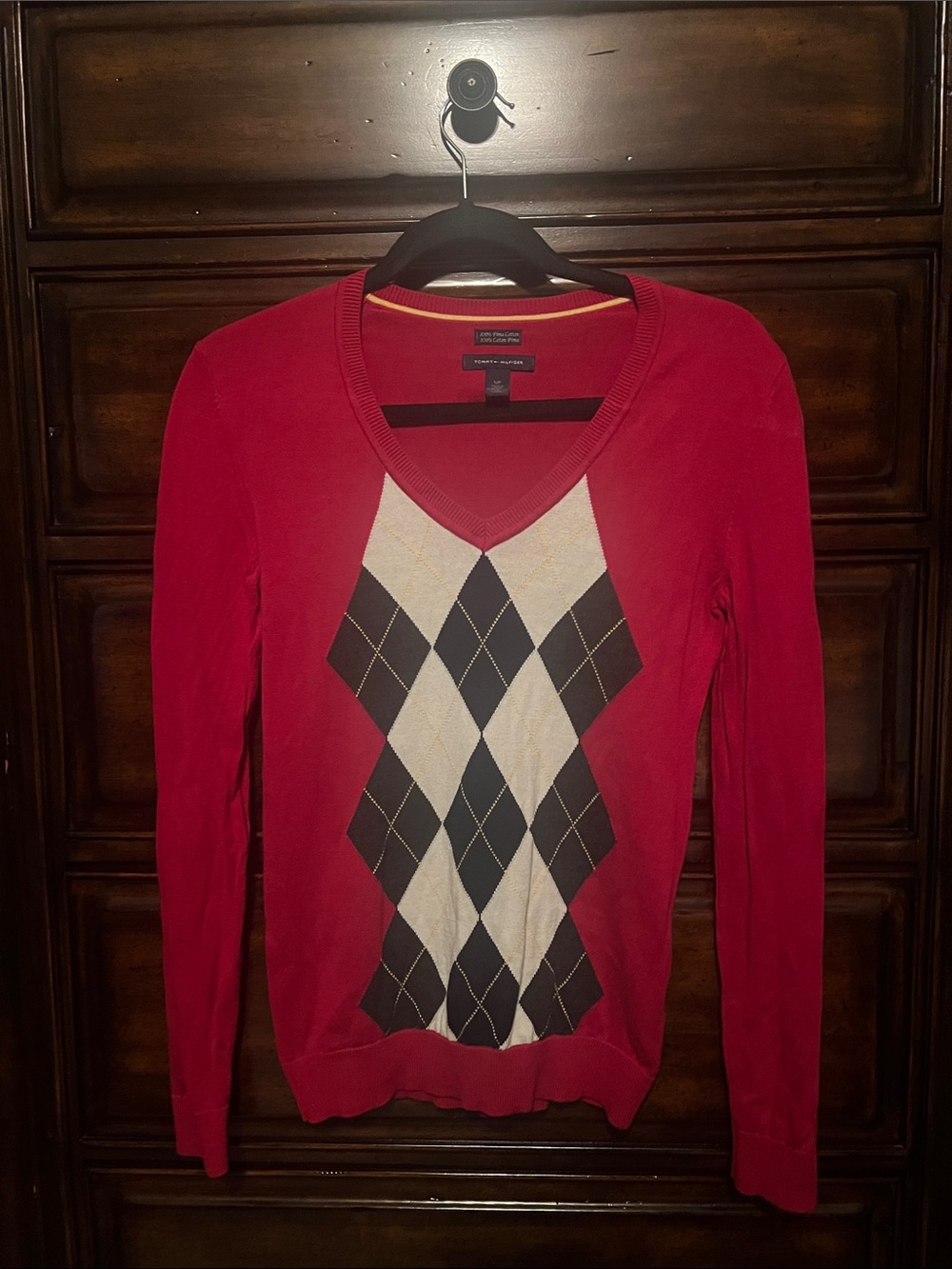 Tommy Hilfiger Red V-Neck Argyle Knit Sweater